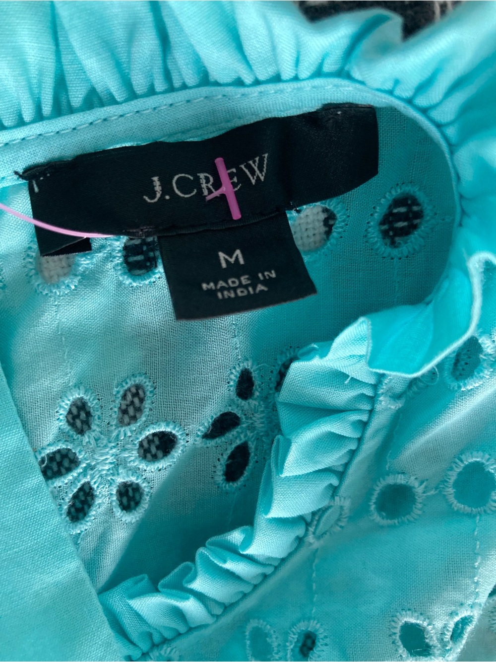 J. Crew Eyelet Lace Blouse Top Aqua Blue M High Neck Long Puff Sleeve Cotton - Picture 4 of 10